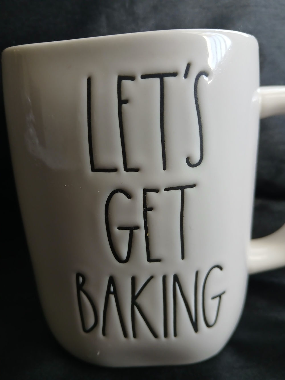 Rae Dunn White Ceramic Mug with Black Lettering - LET'S GET BAKING